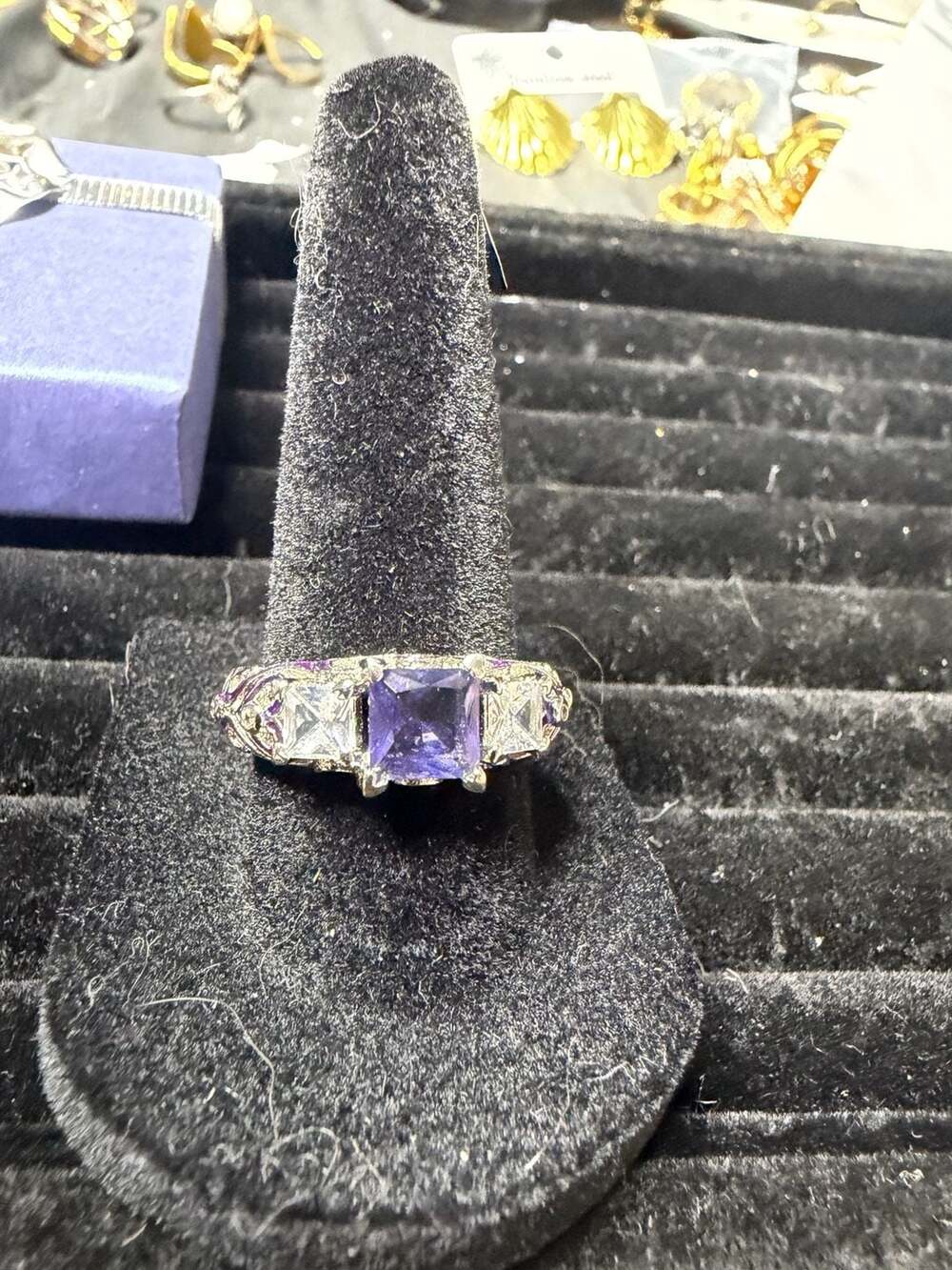 Vintage Style Silver .925 Purple Enamel Rhinestone Ring